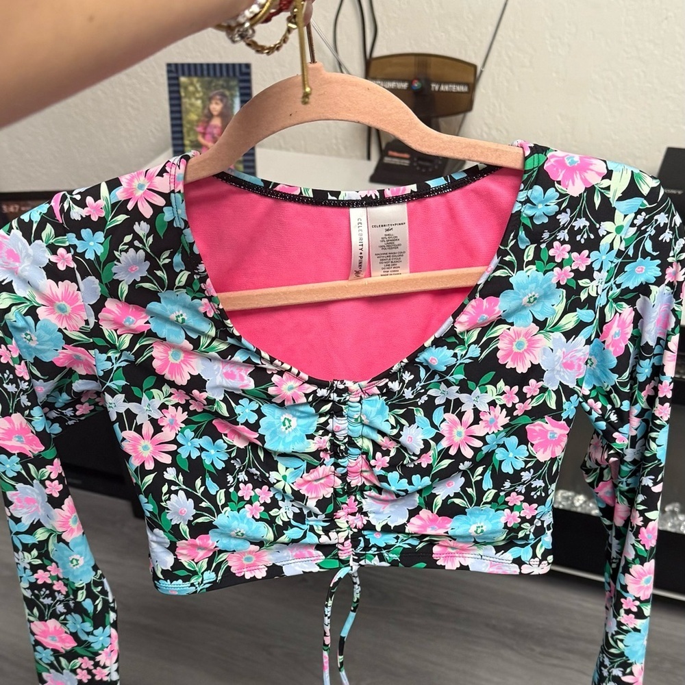 Floral Long Sleeve Crop Top - Pink and Blue